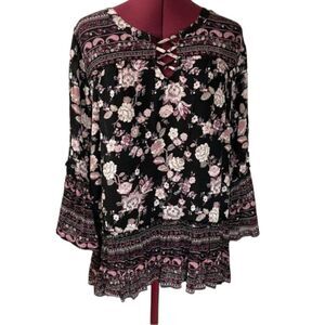 6/$25 Absolutely Famous Sheer Floral Peplum Blouse Medium NWOT